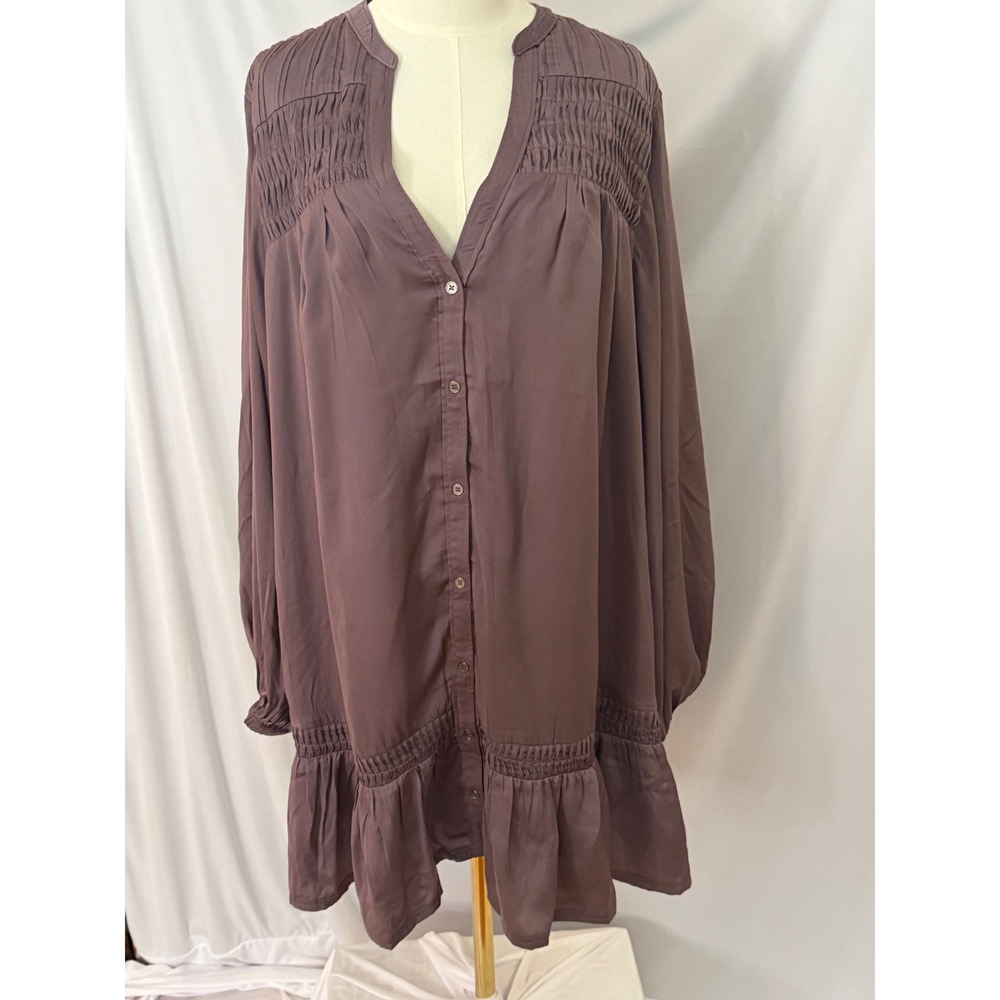 Pilcro Anthropologie Womens 2X Smocked Button Down Ruffle Hem Mini Dress Plum - Picture 2 of 8
